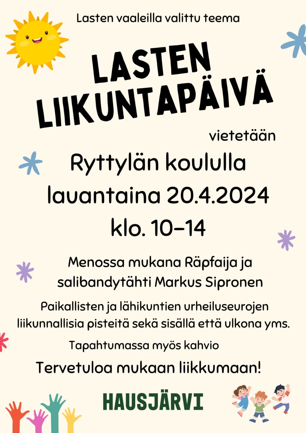 Lasten liikuntapäivä 20.4.2024 Ryttylän koululla. Tapahtuman mainos.
