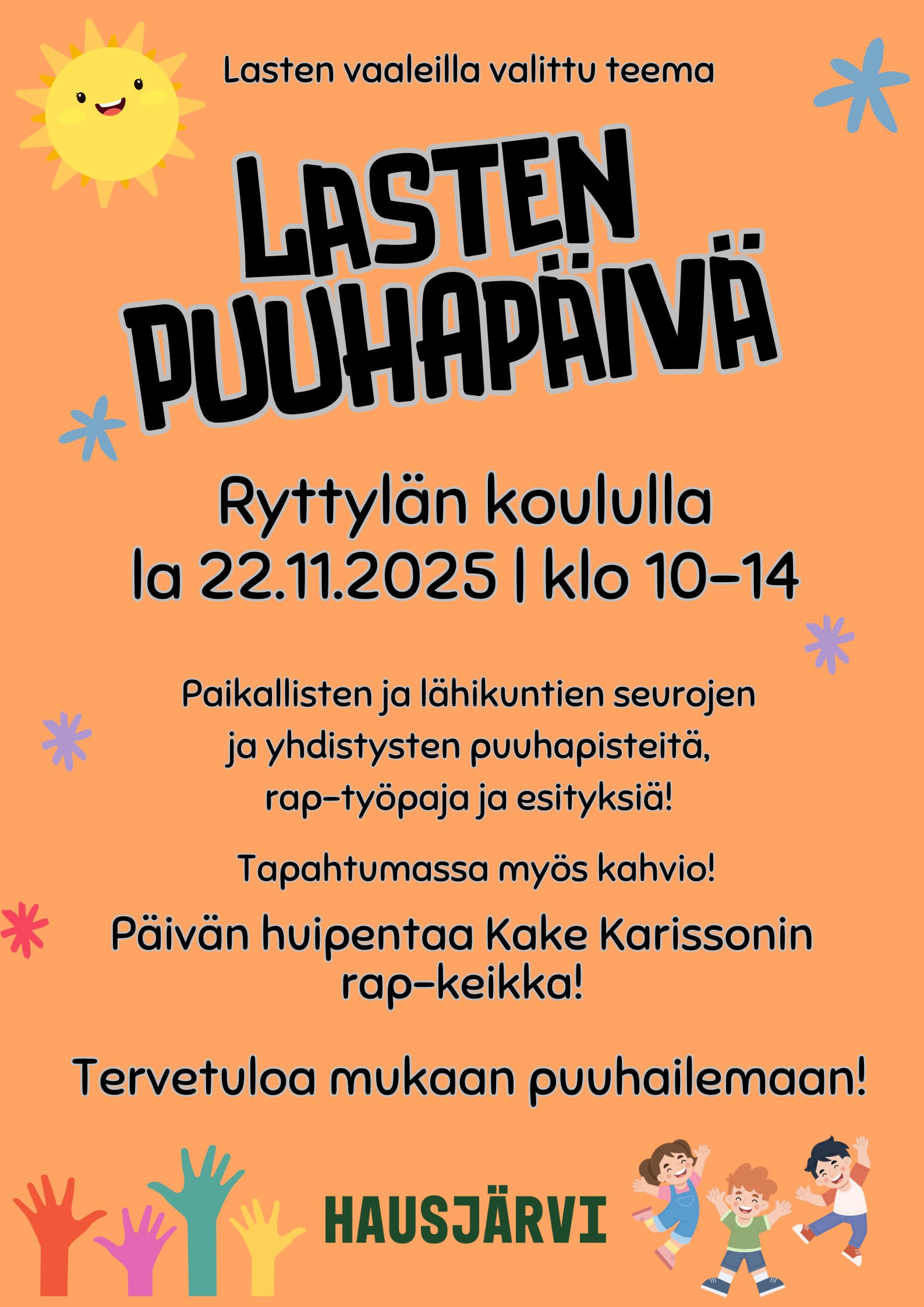 Lasten puuhapäivän mainos. Puuhapäivää vietetään Ryttylän koululla la 22.11.2025 klo 10-14. Tapahtumassa paljon erilaisia aktiviteetteja lapsille!