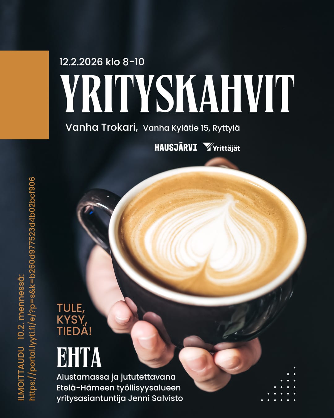 Yrityskahvien mainos jossa kahvikuppi ja tiedotteen tiedot.